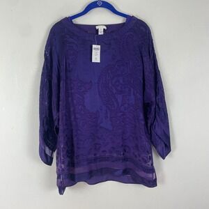 Chico's Victorian Purple Cheetah Burnout Essa 3/4‎ Sleeve Top Sz 0/ S Silk Blend